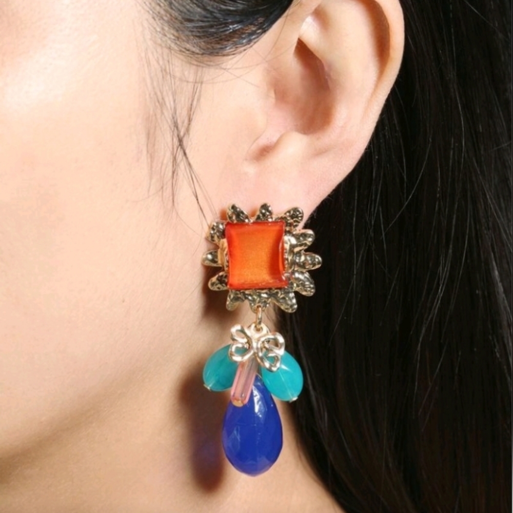 NEW! Stunning Elegant Orange & Blue Gemstones Drop Gold Unpierced Clip Earrings